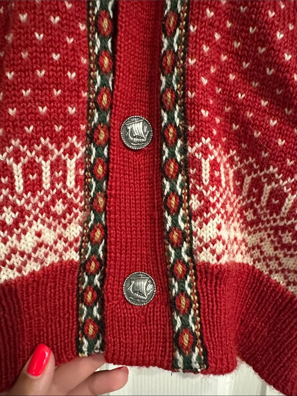 Sandviken Nordic Fair Isle Wool Cardigan Small Red Viking Motif Button